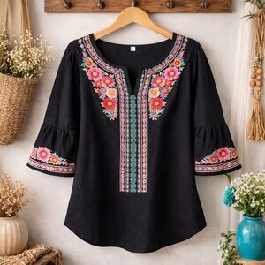 Boho Embroidered Cotton Tunic Top 2XL Black Floral Peasant Johnny Was Style